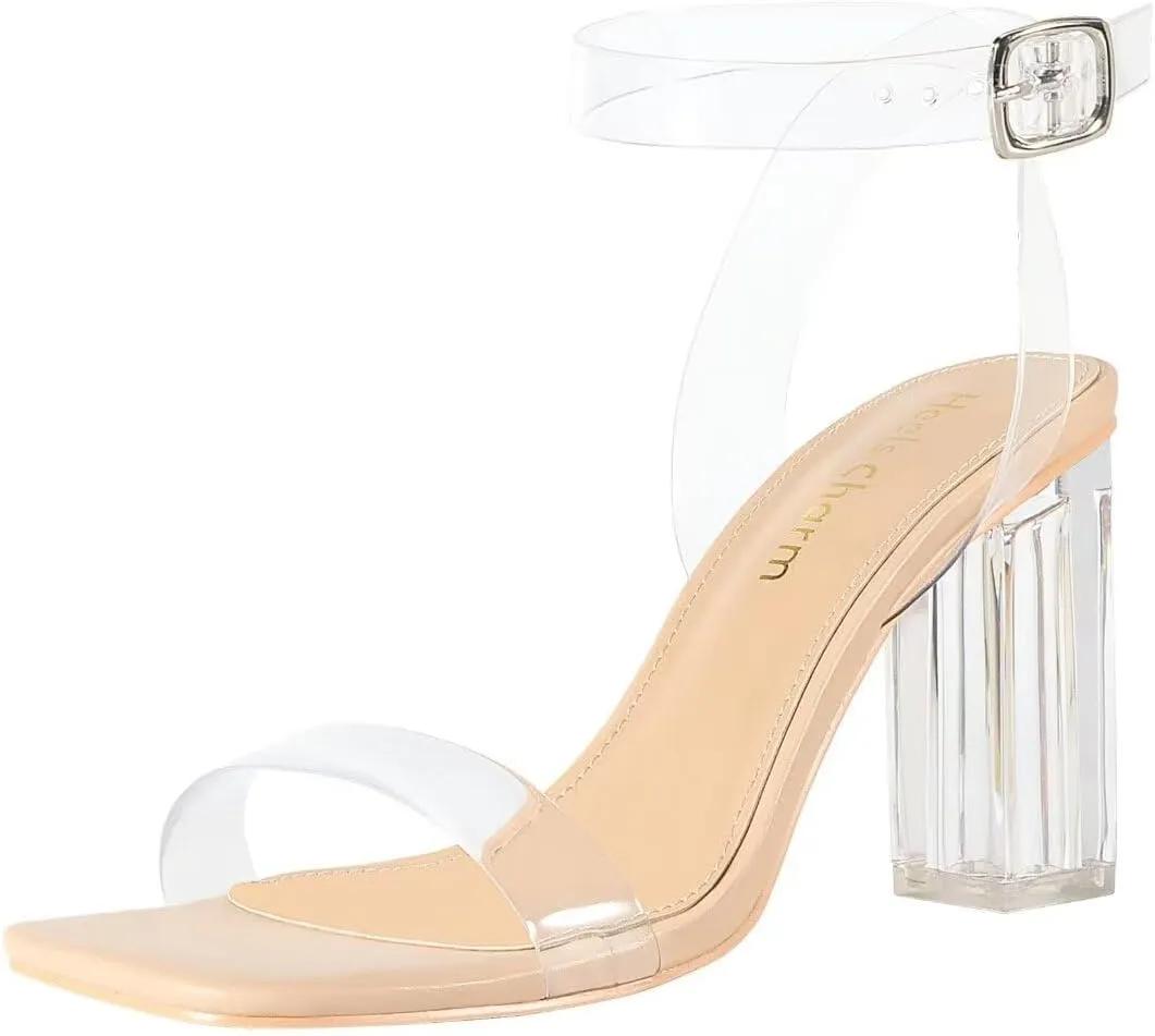 Heels Charm Women's Clear Chunky Block Heeled Sandals 3.74 Inches Open Toe Ankle Strap Block High Heel Sandal Dress Dancing Sandals Daily Work Party Shoes