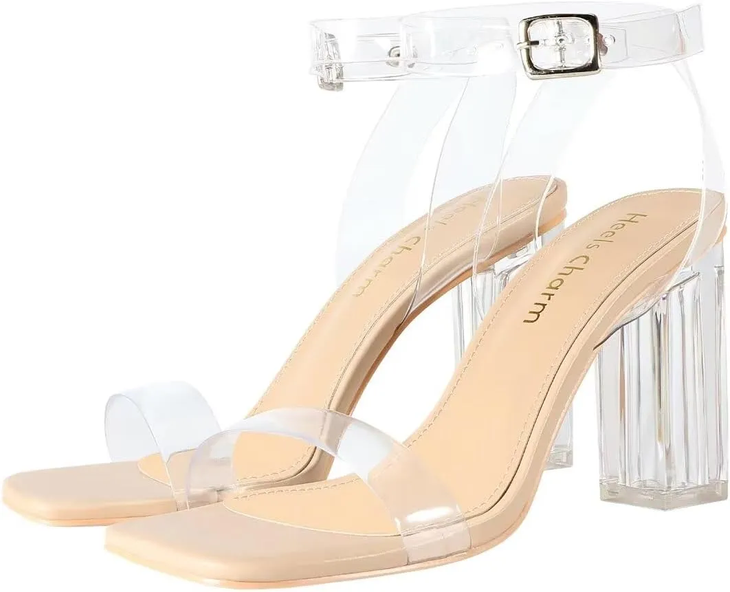 Heels Charm Women's Clear Chunky Block Heeled Sandals 3.74 Inches Open Toe Ankle Strap Block High Heel Sandal Dress Dancing Sandals Daily Work Party Shoes