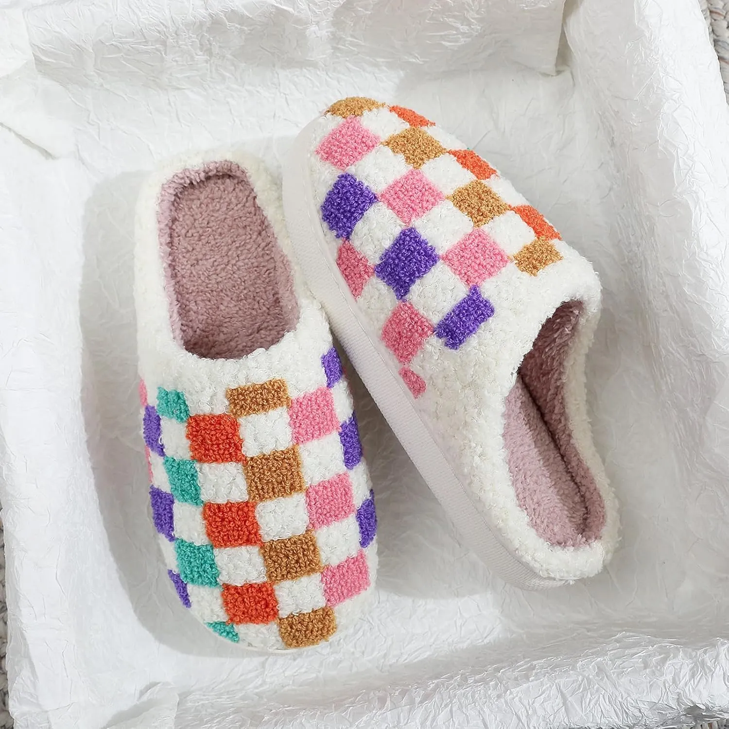 House Slippers for Women, Fruit Slipper with Strawberry Pineapple Flower Heart, Adult House Shoes with Checker Rainbow Evil Eyes Cat, Winter Fuzzy Bedroom Slides, Soft Cute Cozy