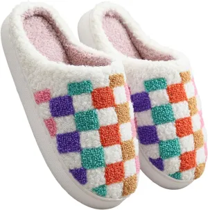 House Slippers for Women, Fruit Slipper with Strawberry Pineapple Flower Heart, Adult House Shoes with Checker Rainbow Evil Eyes Cat, Winter Fuzzy Bedroom Slides, Soft Cute Cozy