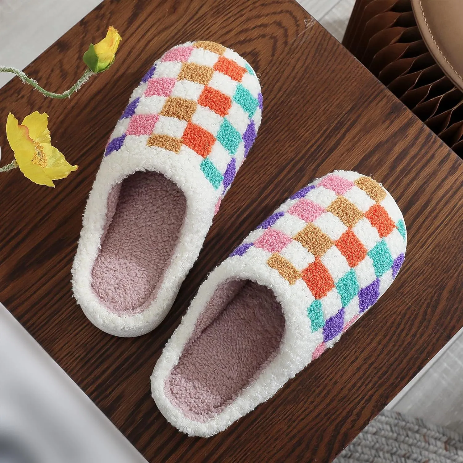 House Slippers for Women, Fruit Slipper with Strawberry Pineapple Flower Heart, Adult House Shoes with Checker Rainbow Evil Eyes Cat, Winter Fuzzy Bedroom Slides, Soft Cute Cozy