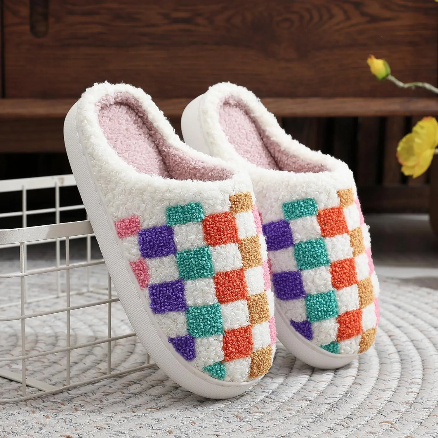 House Slippers for Women, Fruit Slipper with Strawberry Pineapple Flower Heart, Adult House Shoes with Checker Rainbow Evil Eyes Cat, Winter Fuzzy Bedroom Slides, Soft Cute Cozy