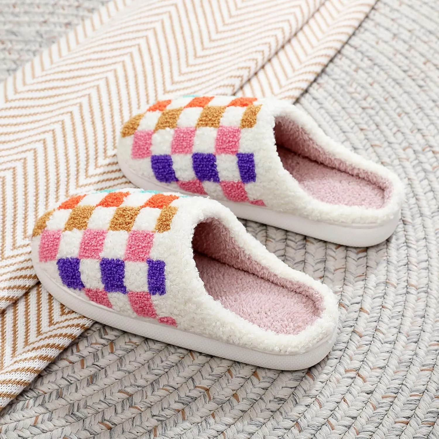 House Slippers for Women, Fruit Slipper with Strawberry Pineapple Flower Heart, Adult House Shoes with Checker Rainbow Evil Eyes Cat, Winter Fuzzy Bedroom Slides, Soft Cute Cozy