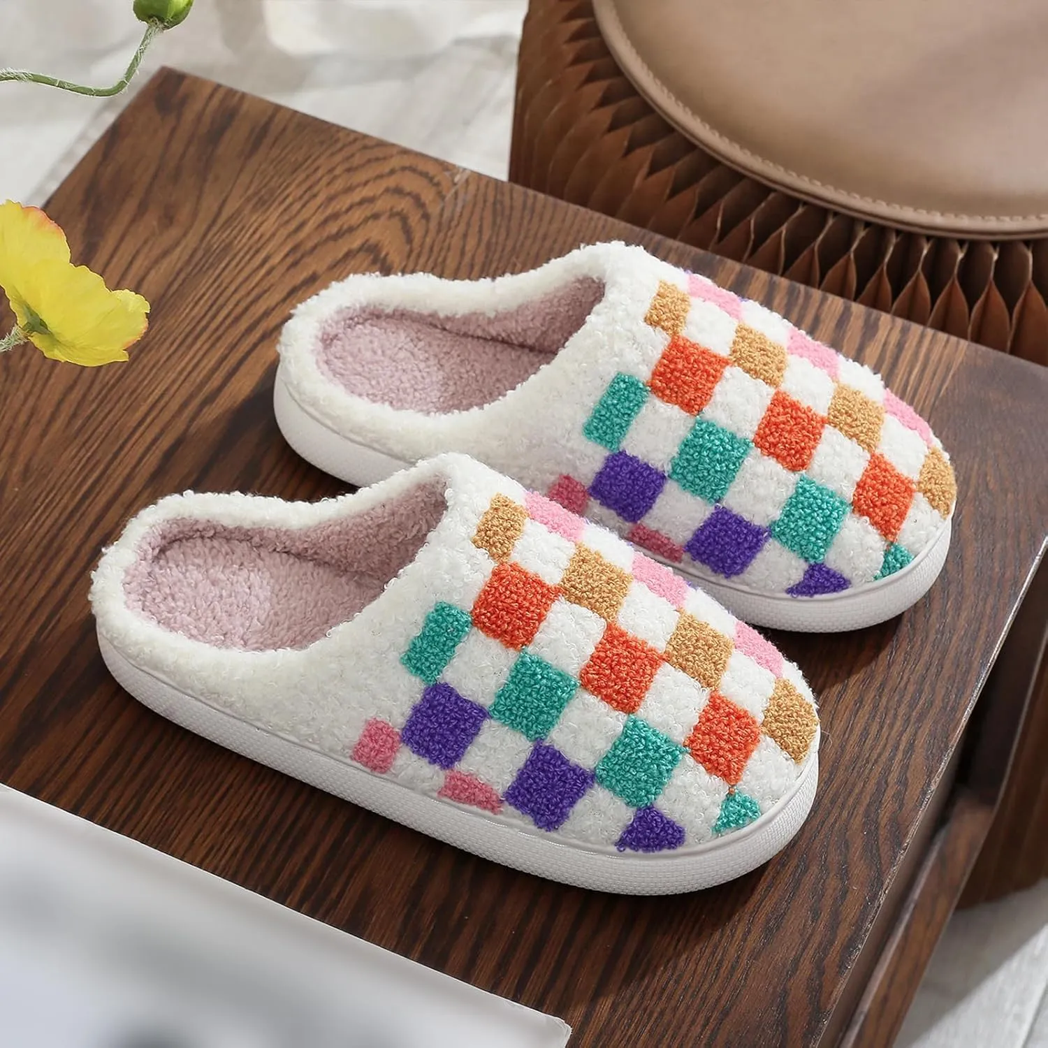 House Slippers for Women, Fruit Slipper with Strawberry Pineapple Flower Heart, Adult House Shoes with Checker Rainbow Evil Eyes Cat, Winter Fuzzy Bedroom Slides, Soft Cute Cozy