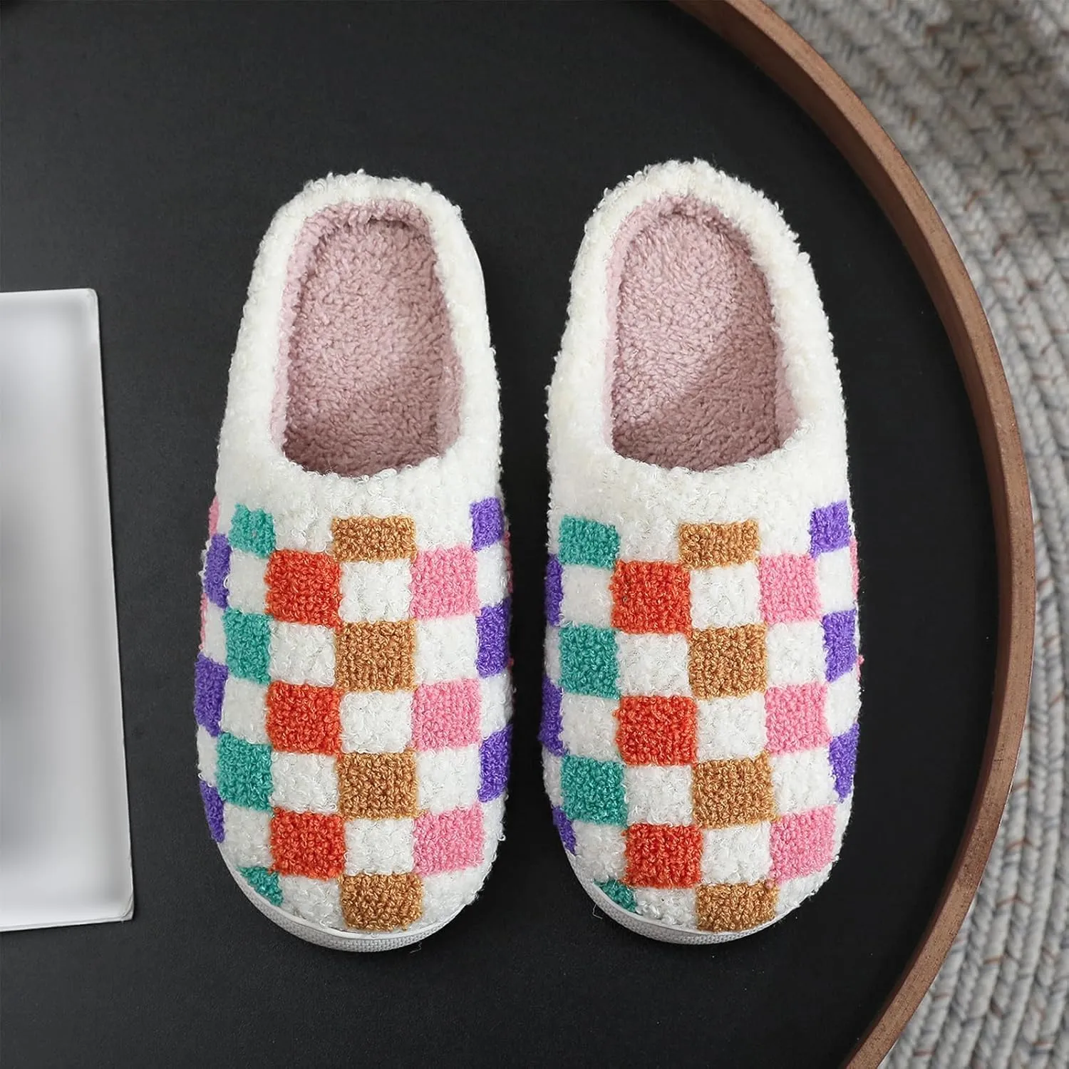 House Slippers for Women, Fruit Slipper with Strawberry Pineapple Flower Heart, Adult House Shoes with Checker Rainbow Evil Eyes Cat, Winter Fuzzy Bedroom Slides, Soft Cute Cozy