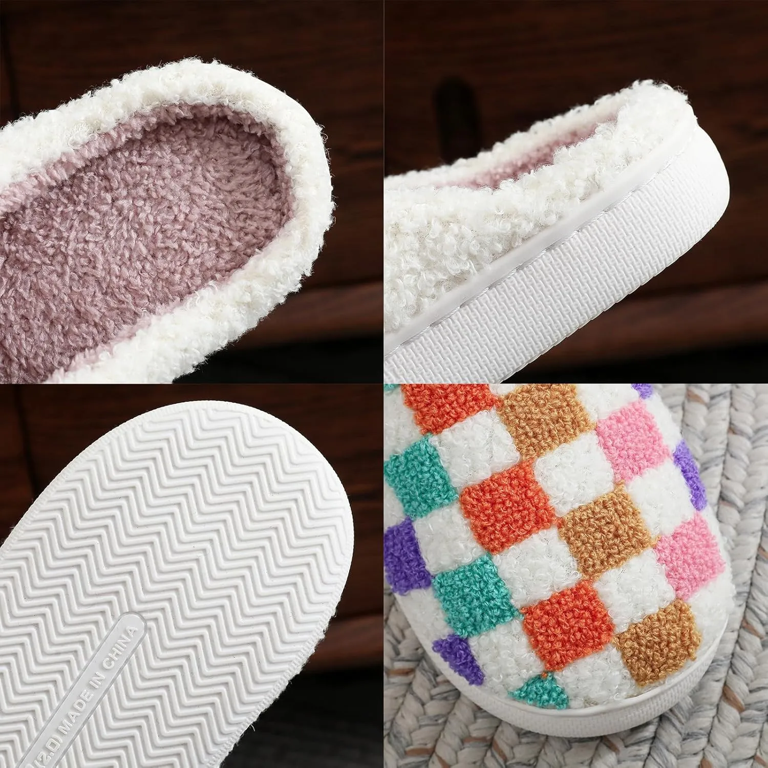 House Slippers for Women, Fruit Slipper with Strawberry Pineapple Flower Heart, Adult House Shoes with Checker Rainbow Evil Eyes Cat, Winter Fuzzy Bedroom Slides, Soft Cute Cozy