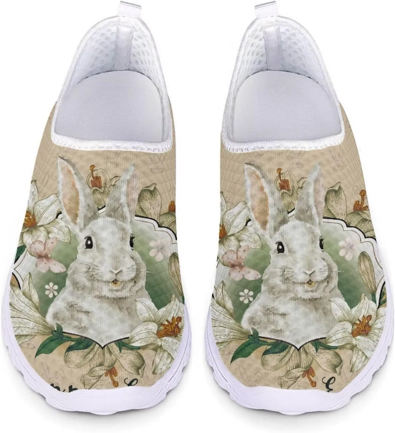 HUIACONG Easter Rabbit Floral Slip-On Flat for Women Mesh Lightweight Running Shoes Size 8.5 Breathable Sneaker Teen Girls Anti-Skid Trainer for Outdoor Travel Jogging
