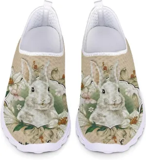 HUIACONG Easter Rabbit Floral Slip-On Flat for Women Mesh Lightweight Running Shoes Size 8.5 Breathable Sneaker Teen Girls Anti-Skid Trainer for Outdoor Travel Jogging