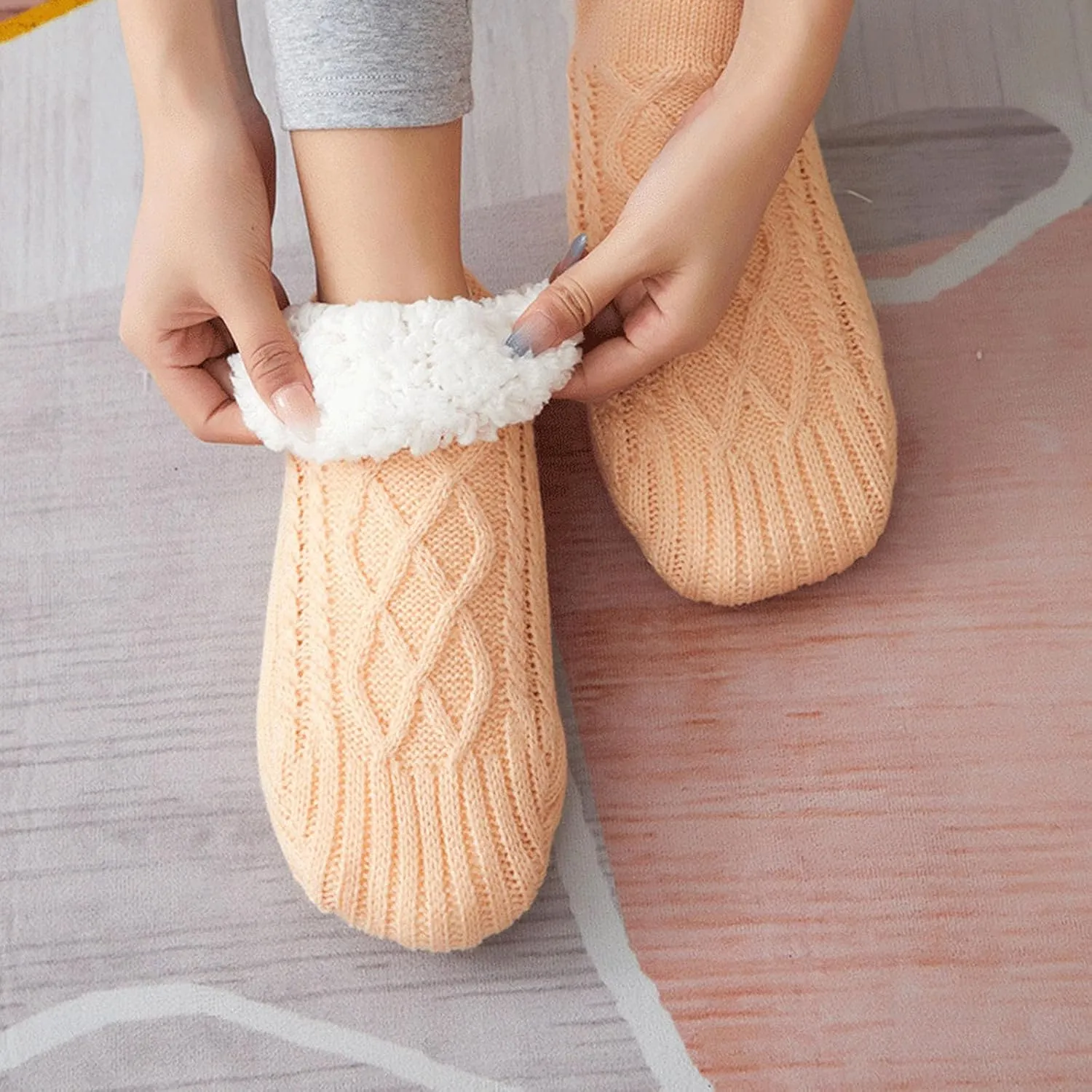 Indoor Non-Slip Thermal Socks,V-mouth Fluffy Slipper Socks,Woven Velvet Indoor Socks Slippers