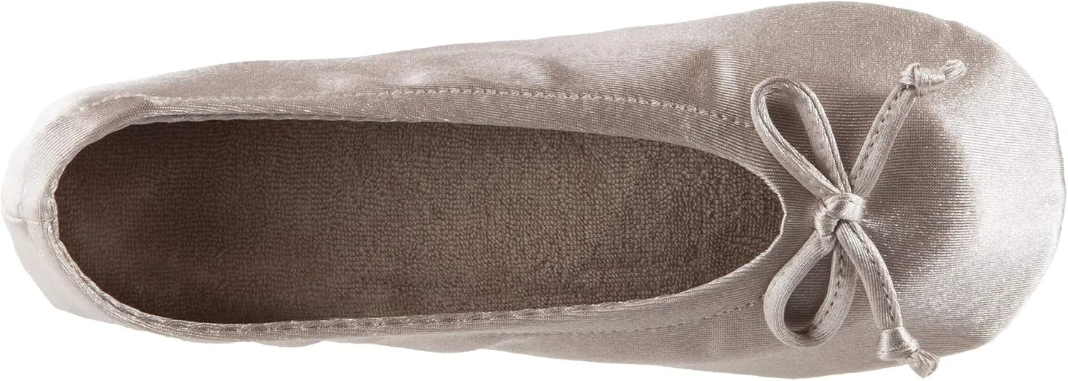 Isotoner Women's Satin Ballerina Slippers with Classic Ribbon Bow and Suede Sole
