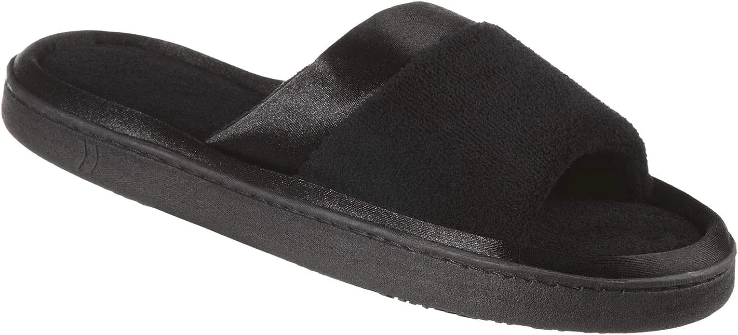 isotoner Women's Soft Microterry Wider Width Slide Slippers, with Satin Trim and Comfort Footbed