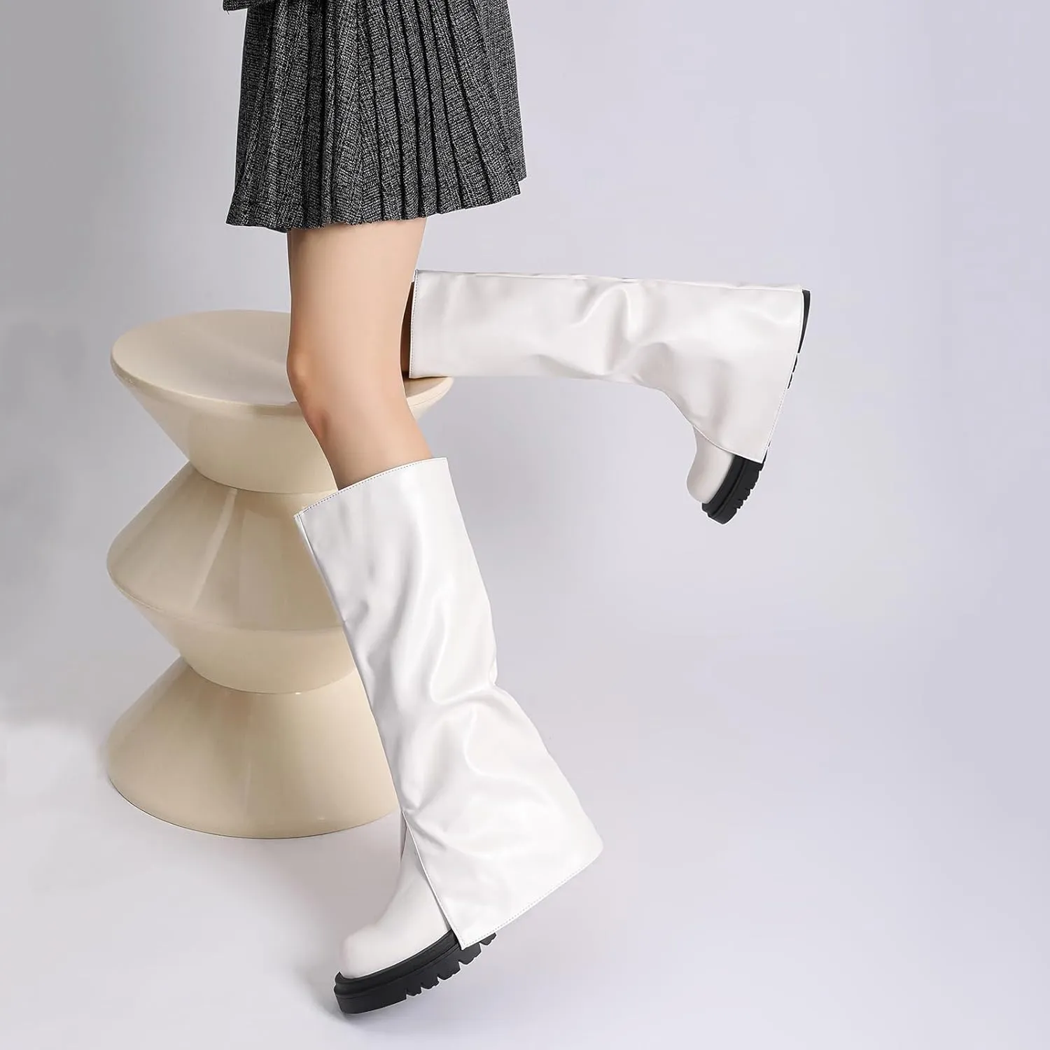 JOZHAMTA Knee High Boots for women Chunky Platform wide calf fall winter boots Black fashion Pull On shoes