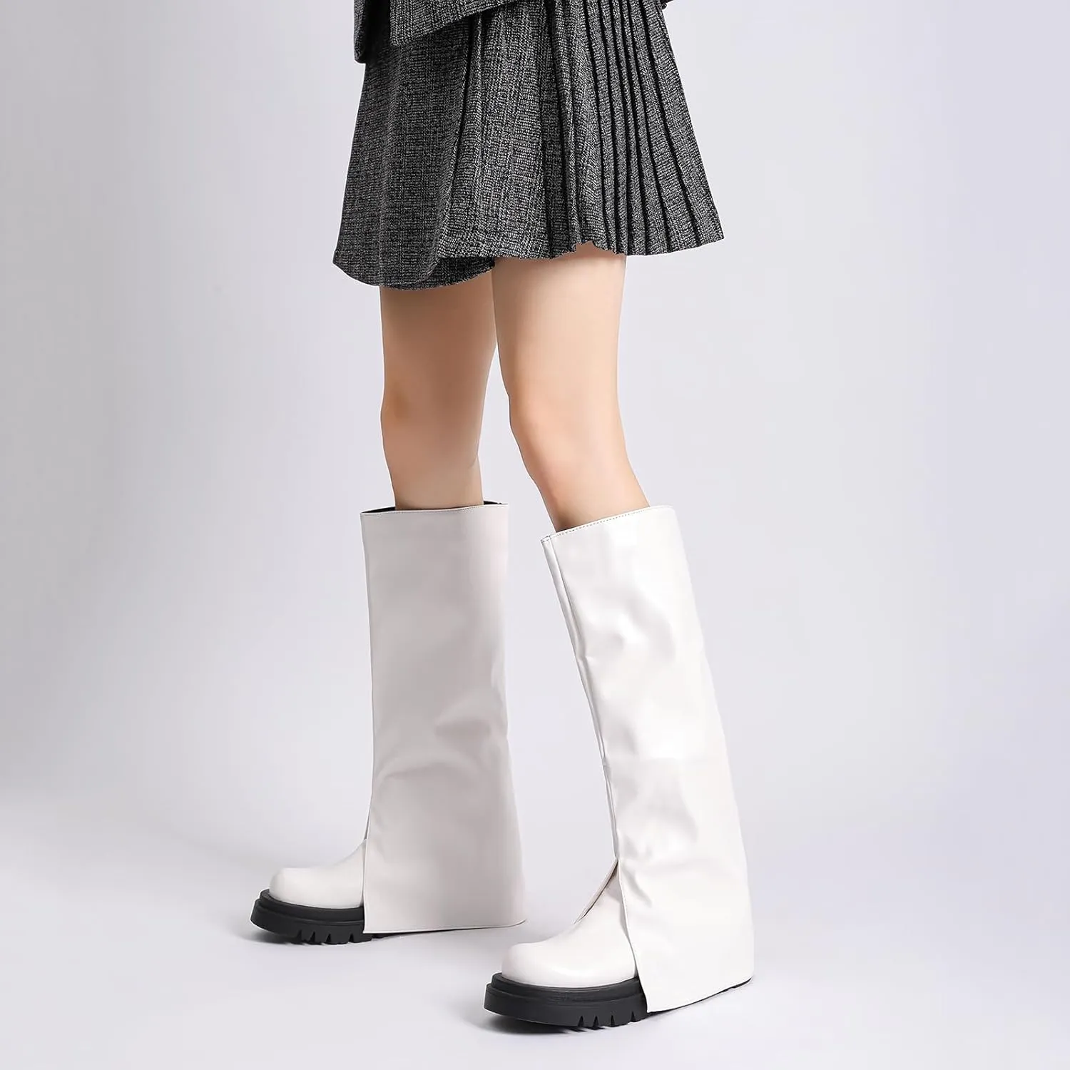 JOZHAMTA Knee High Boots for women Chunky Platform wide calf fall winter boots Black fashion Pull On shoes