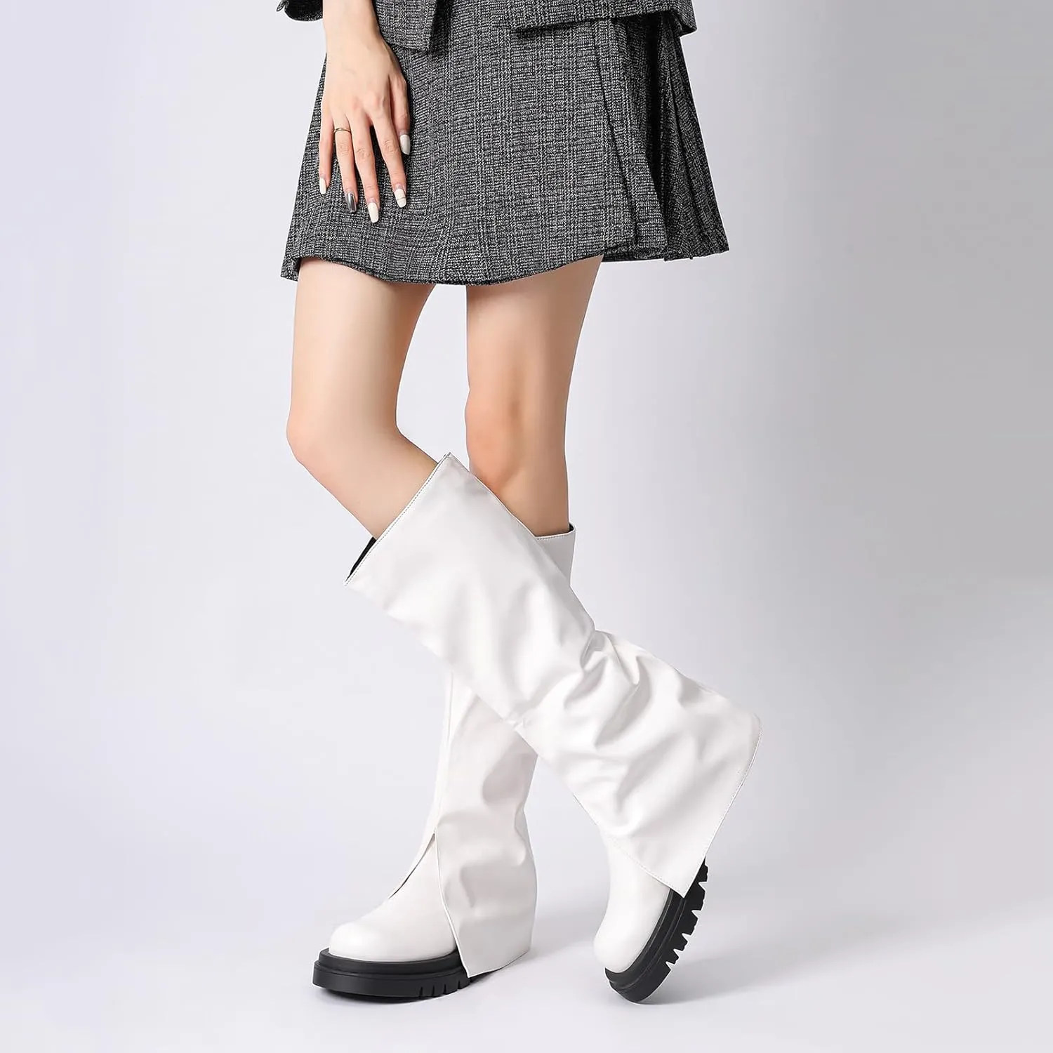 JOZHAMTA Knee High Boots for women Chunky Platform wide calf fall winter boots Black fashion Pull On shoes