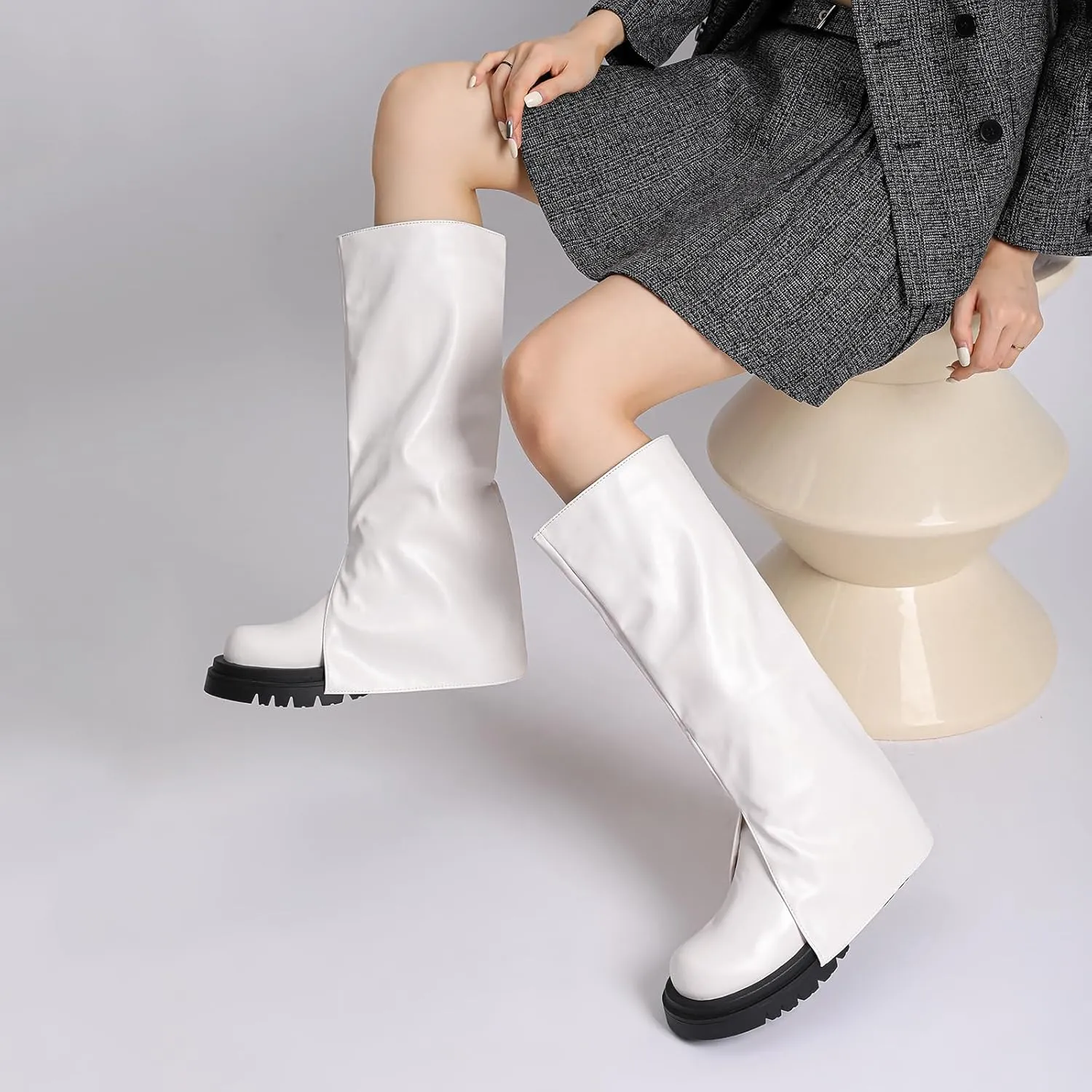 JOZHAMTA Knee High Boots for women Chunky Platform wide calf fall winter boots Black fashion Pull On shoes