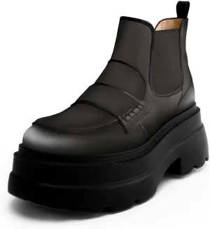 KaroNairy Platform Ankle Boots for Women Chelsea Boots Round Toe Chunky Heel Slip on Lug Sole Short Boots Black
