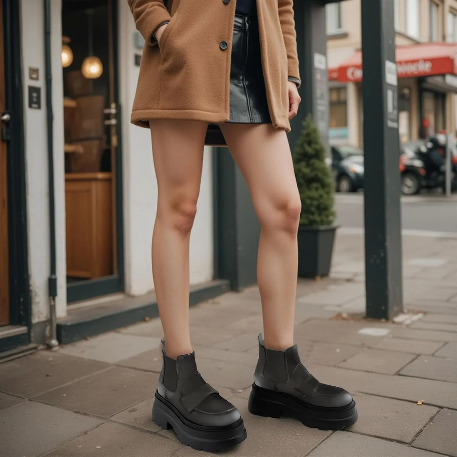 KaroNairy Platform Ankle Boots for Women Chelsea Boots Round Toe Chunky Heel Slip on Lug Sole Short Boots Black