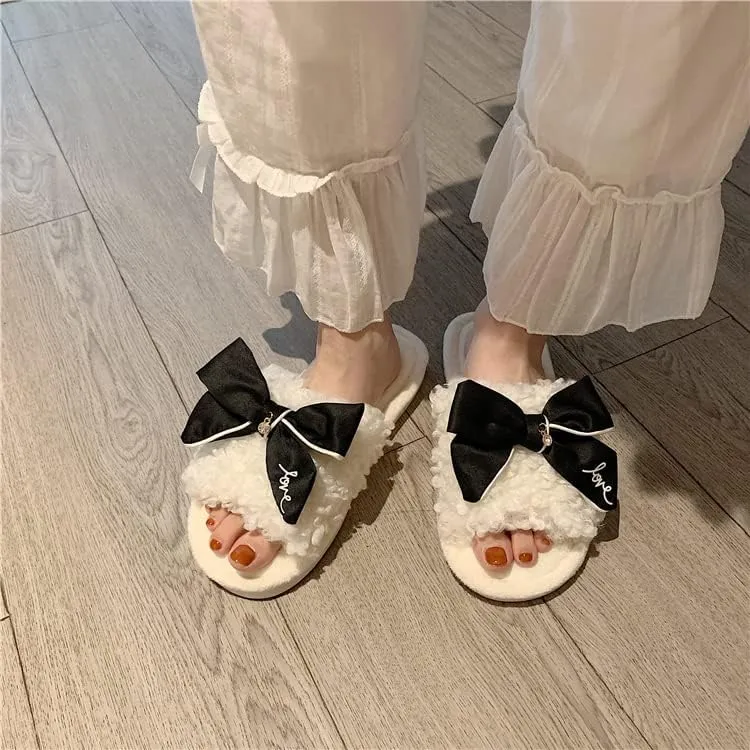 Kawaii Open Toe Slippers Women's Soft Bow Tie Fluffy Cozy House Shoes Sandals Fur Warm Comfy Slip On Slide Slippers
