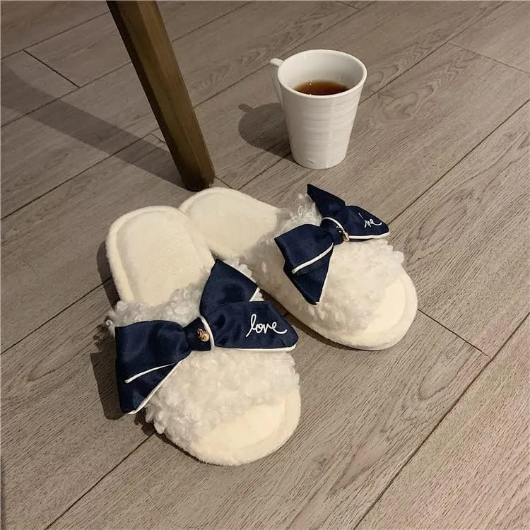 Kawaii Open Toe Slippers Women's Soft Bow Tie Fluffy Cozy House Shoes Sandals Fur Warm Comfy Slip On Slide Slippers