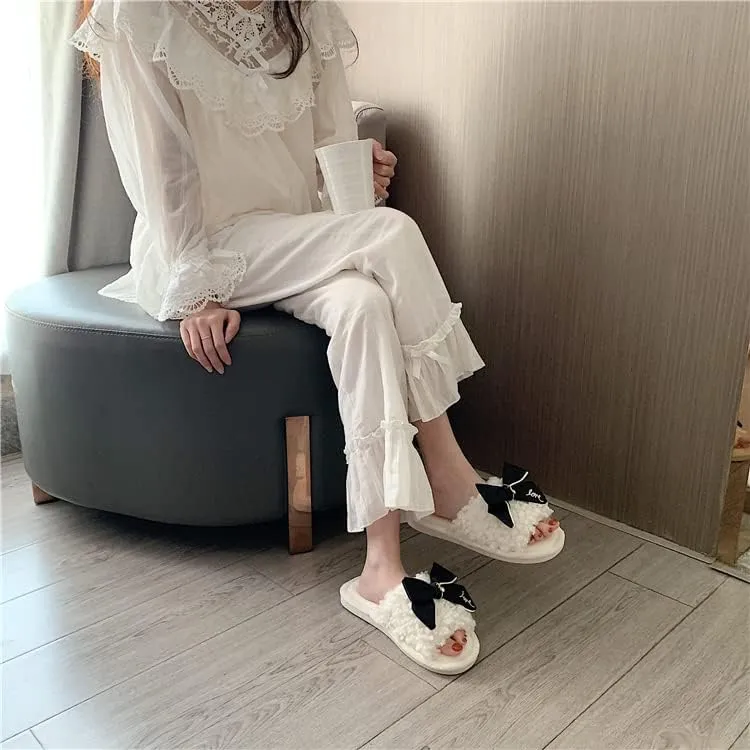 Kawaii Open Toe Slippers Women's Soft Bow Tie Fluffy Cozy House Shoes Sandals Fur Warm Comfy Slip On Slide Slippers