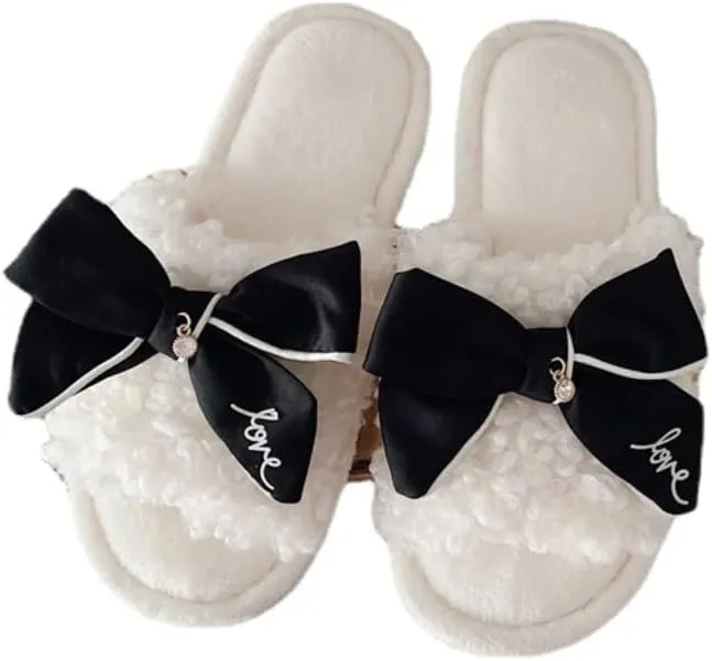 Kawaii Open Toe Slippers Women's Soft Bow Tie Fluffy Cozy House Shoes Sandals Fur Warm Comfy Slip On Slide Slippers