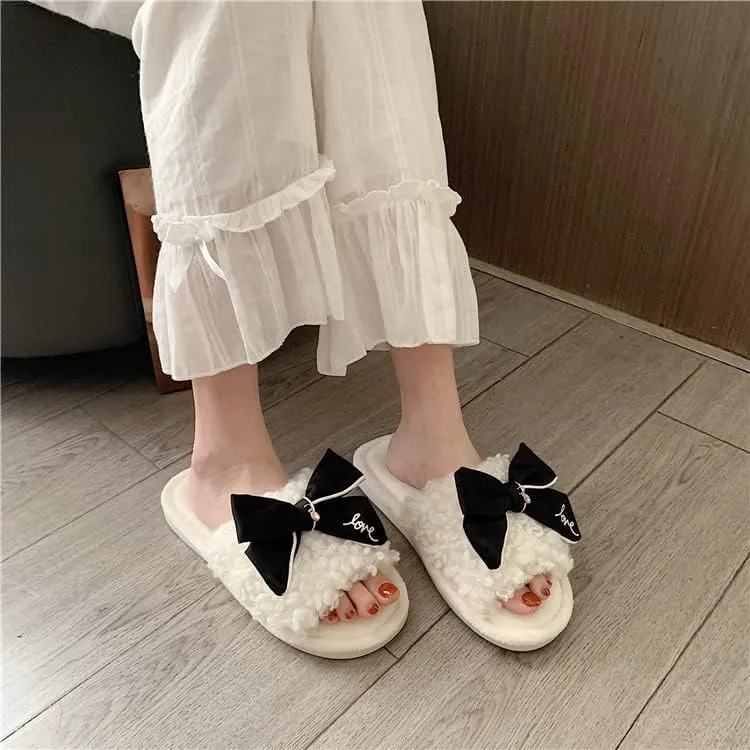Kawaii Open Toe Slippers Women's Soft Bow Tie Fluffy Cozy House Shoes Sandals Fur Warm Comfy Slip On Slide Slippers