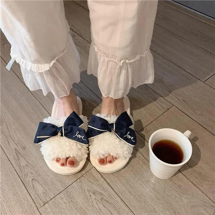 Kawaii Open Toe Slippers Women's Soft Bow Tie Fluffy Cozy House Shoes Sandals Fur Warm Comfy Slip On Slide Slippers