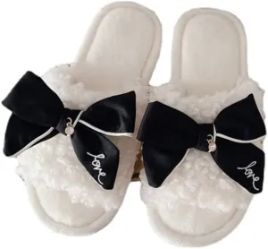 Kawaii Open Toe Slippers Women's Soft Bow Tie Fluffy Cozy House Shoes Sandals Fur Warm Comfy Slip On Slide Slippers