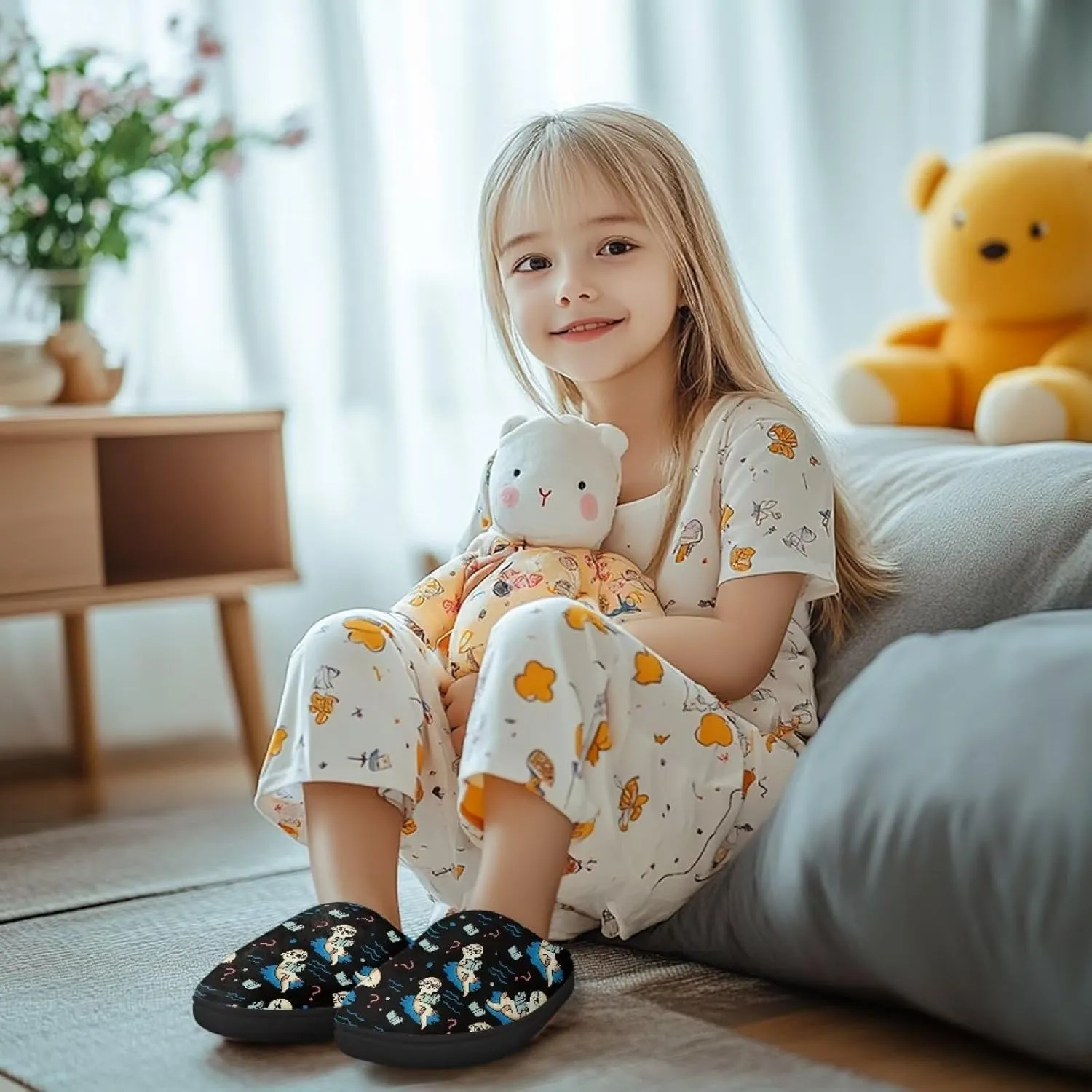 Kids Fluffy Slippers for Winter, Warm Closed Toe Home Slippers, Soft Cozy Scuff Slippers for Boys Girls