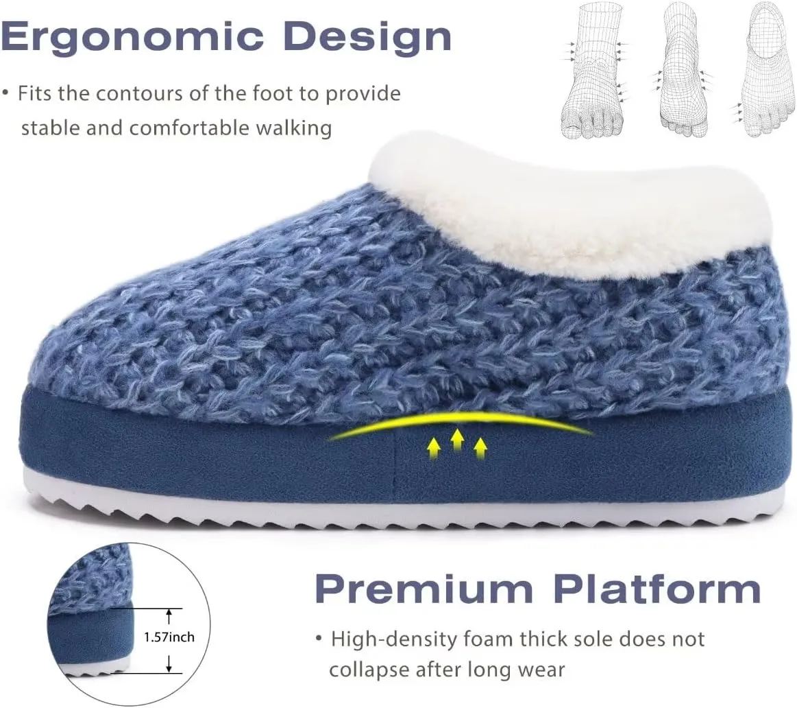 KuaiLu Womens House Platform Slippers Cozy Fuzzy Plush Knit Slipper Ladies Warm Fur Lined Winter Slip On Home Bedroom Thick Cushion Shoes Indoor Outdoor Hard Sole