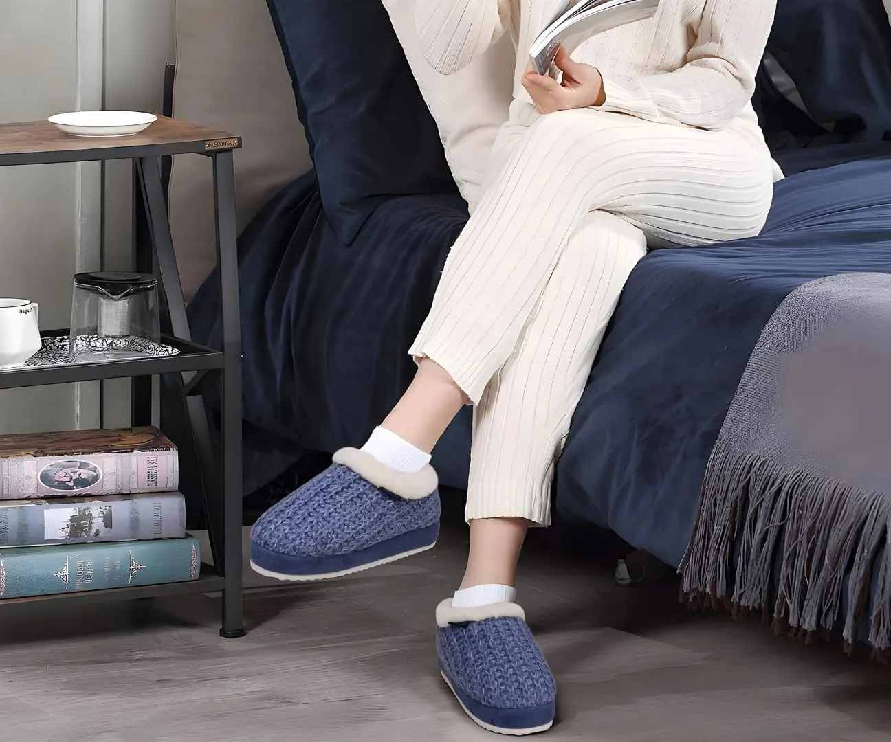 KuaiLu Womens House Platform Slippers Cozy Fuzzy Plush Knit Slipper Ladies Warm Fur Lined Winter Slip On Home Bedroom Thick Cushion Shoes Indoor Outdoor Hard Sole