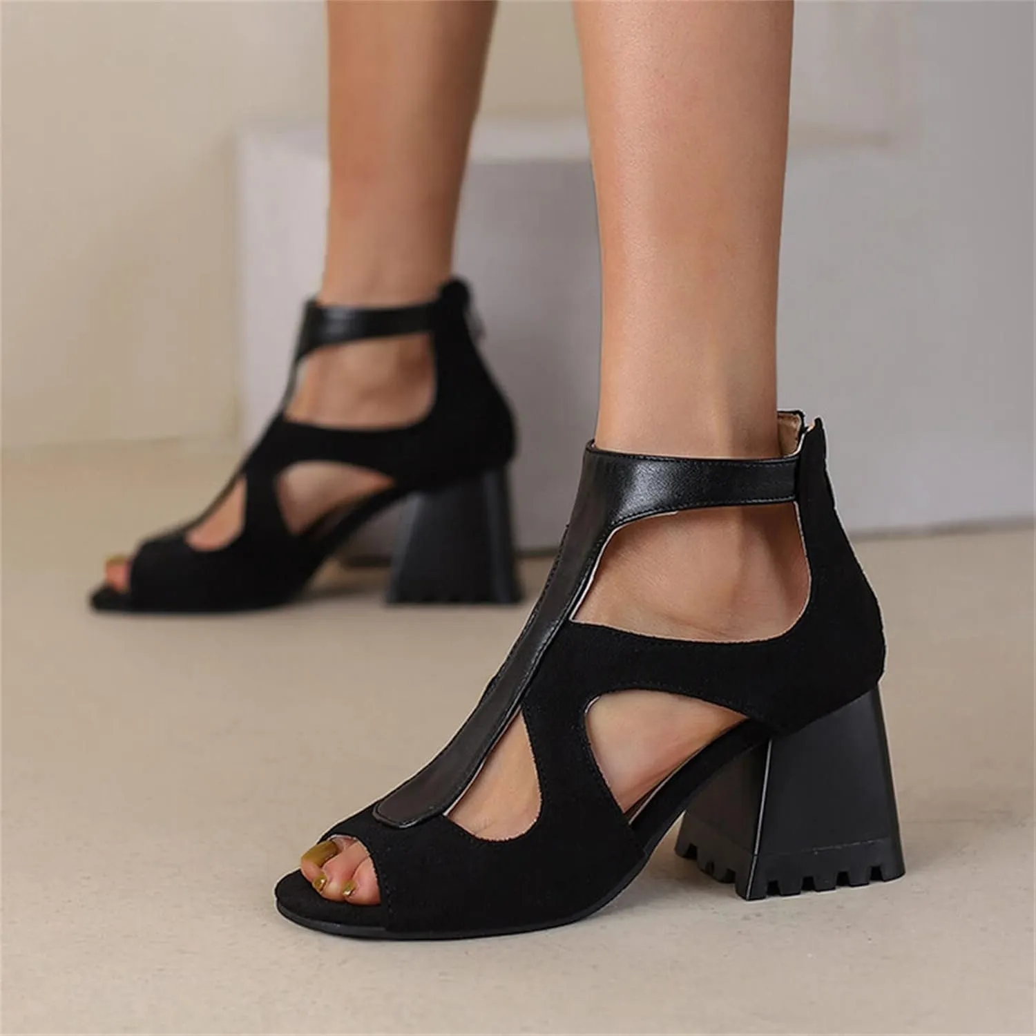 Ladies Fashion Flock Leather Stitching Hollowed Fishmouth Thick High Heeled Back Zippered Sandals Wedge Sandals Platform