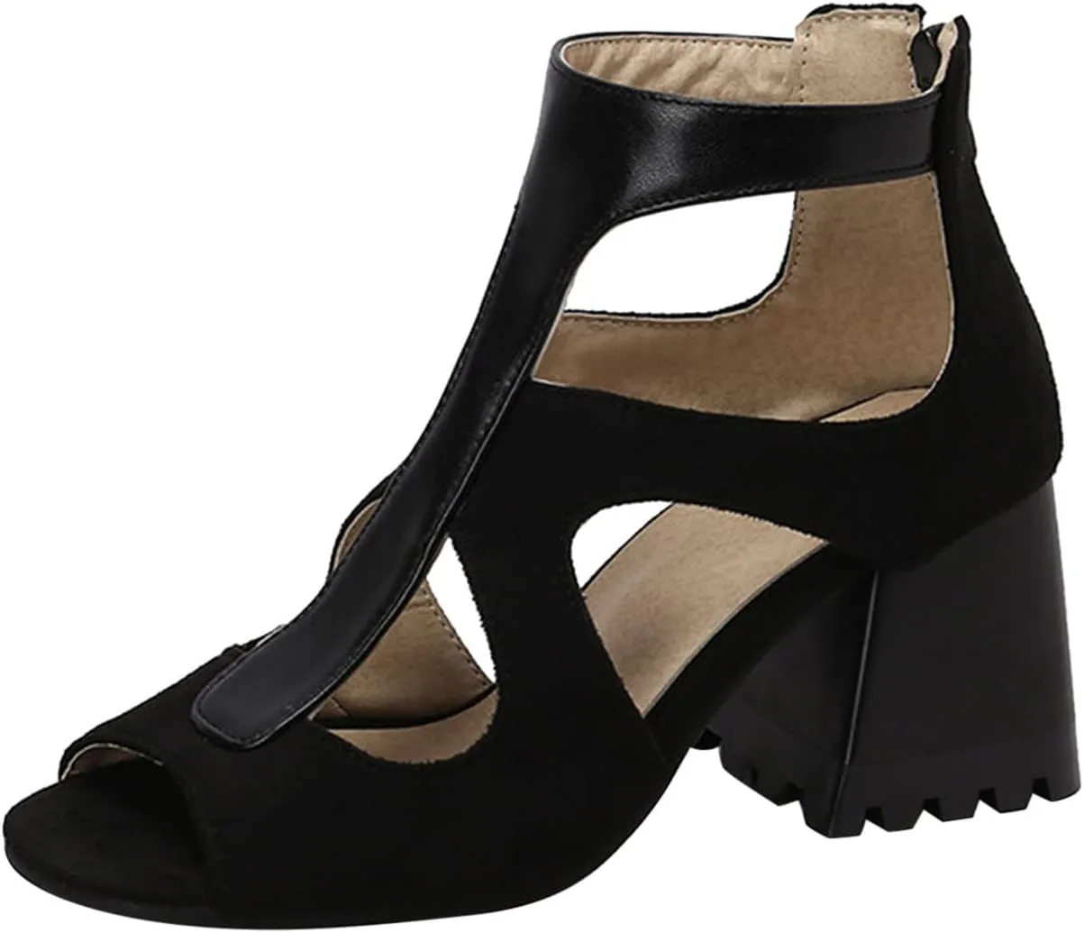 Ladies Fashion Flock Leather Stitching Hollowed Fishmouth Thick High Heeled Back Zippered Sandals Wedge Sandals Platform