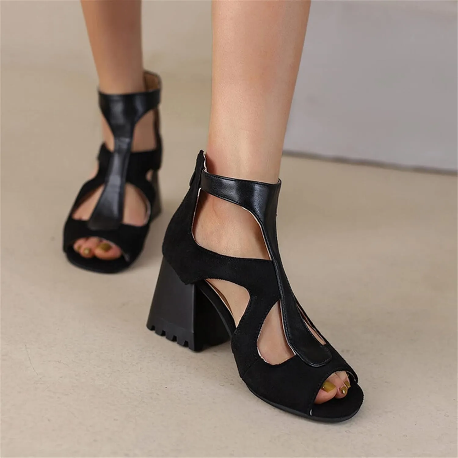Ladies Fashion Flock Leather Stitching Hollowed Fishmouth Thick High Heeled Back Zippered Sandals Wedge Sandals Platform