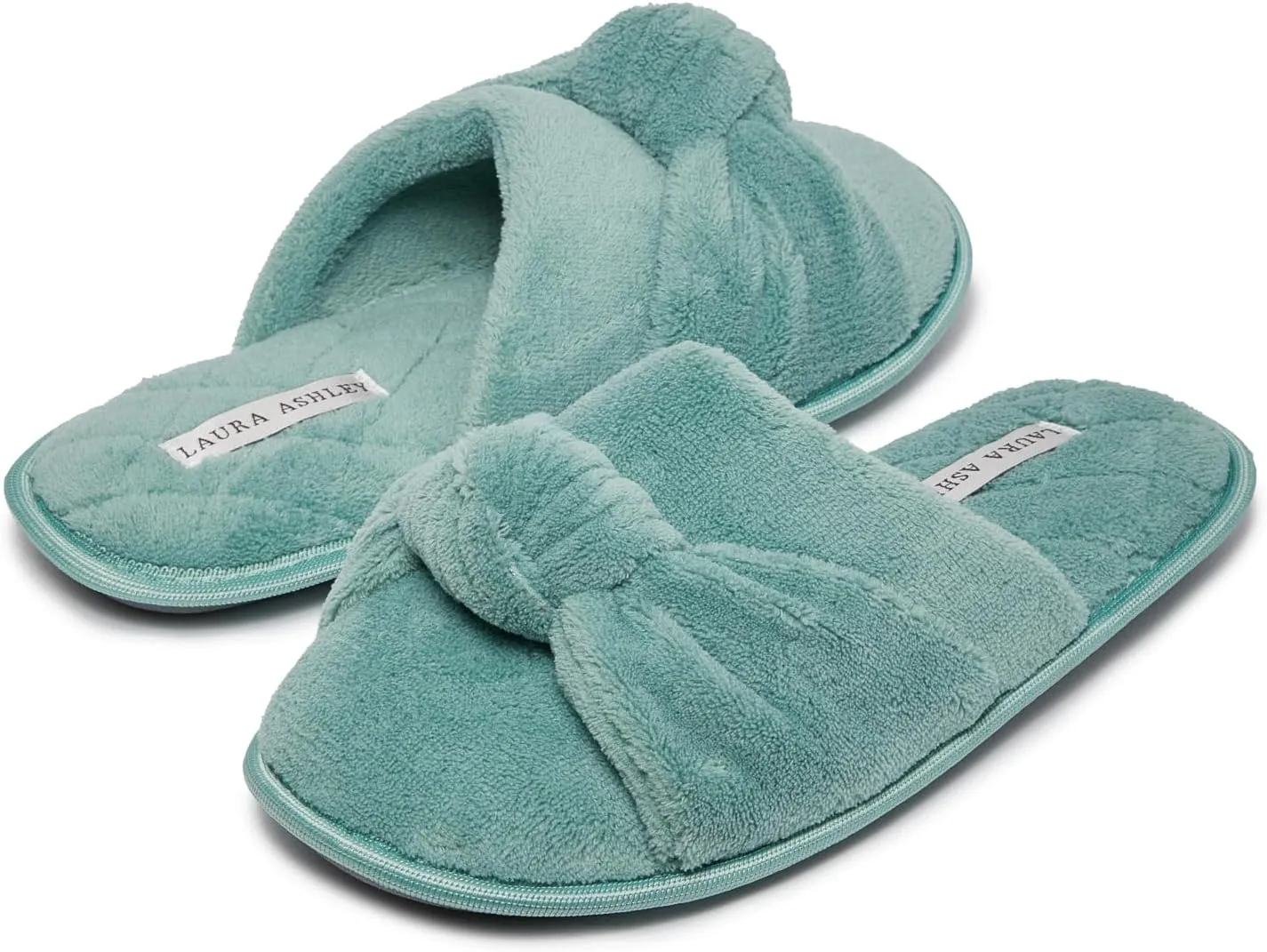 Laura Ashley Soft Terry Knot Scuff Slippers for Women - Comfy Non Slip Closed Toe Bedroom Slipper - Cozy Slide On Womens House Slippers