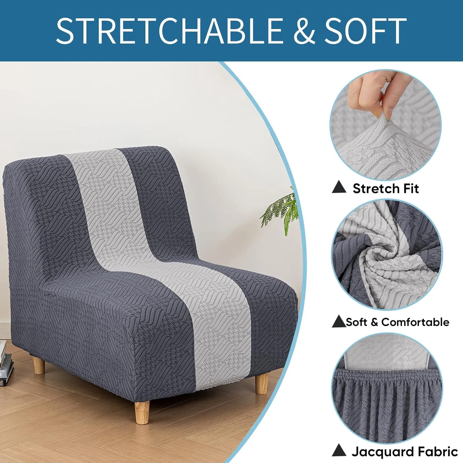 Lavish Cover Stretchy Jacquard Armless Chair Slipcover Accent Chair Cover for Living Room Chairs and Slipper Chairs(BlueGray LightGrey, Jacquard)