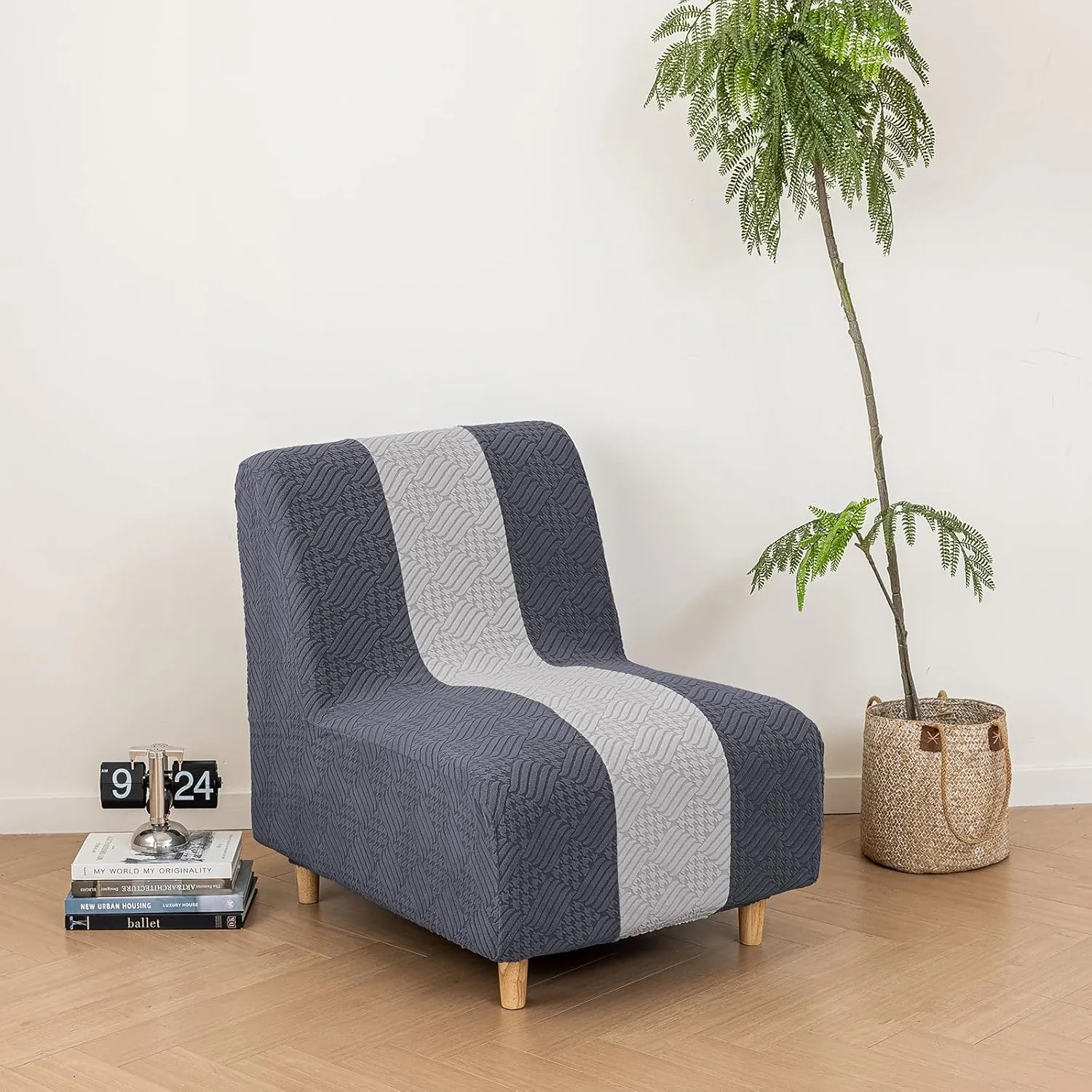 Lavish Cover Stretchy Jacquard Armless Chair Slipcover Accent Chair Cover for Living Room Chairs and Slipper Chairs(BlueGray LightGrey, Jacquard)