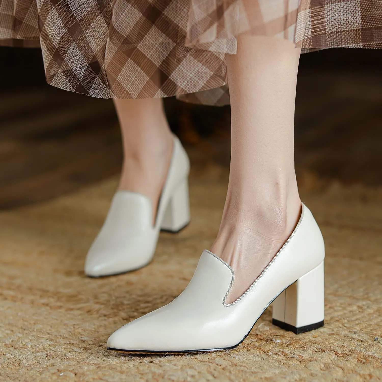 LEHOOR Women Chunky Block High Heel Loafers Pointed Closed Toe Slip On Loafer Pumps 3 Inch Thick Mid Heels Oxford Dress Shoes Matte Leather Office Ladies Wedding Work Basic Shoes Comfy 4-11 M US