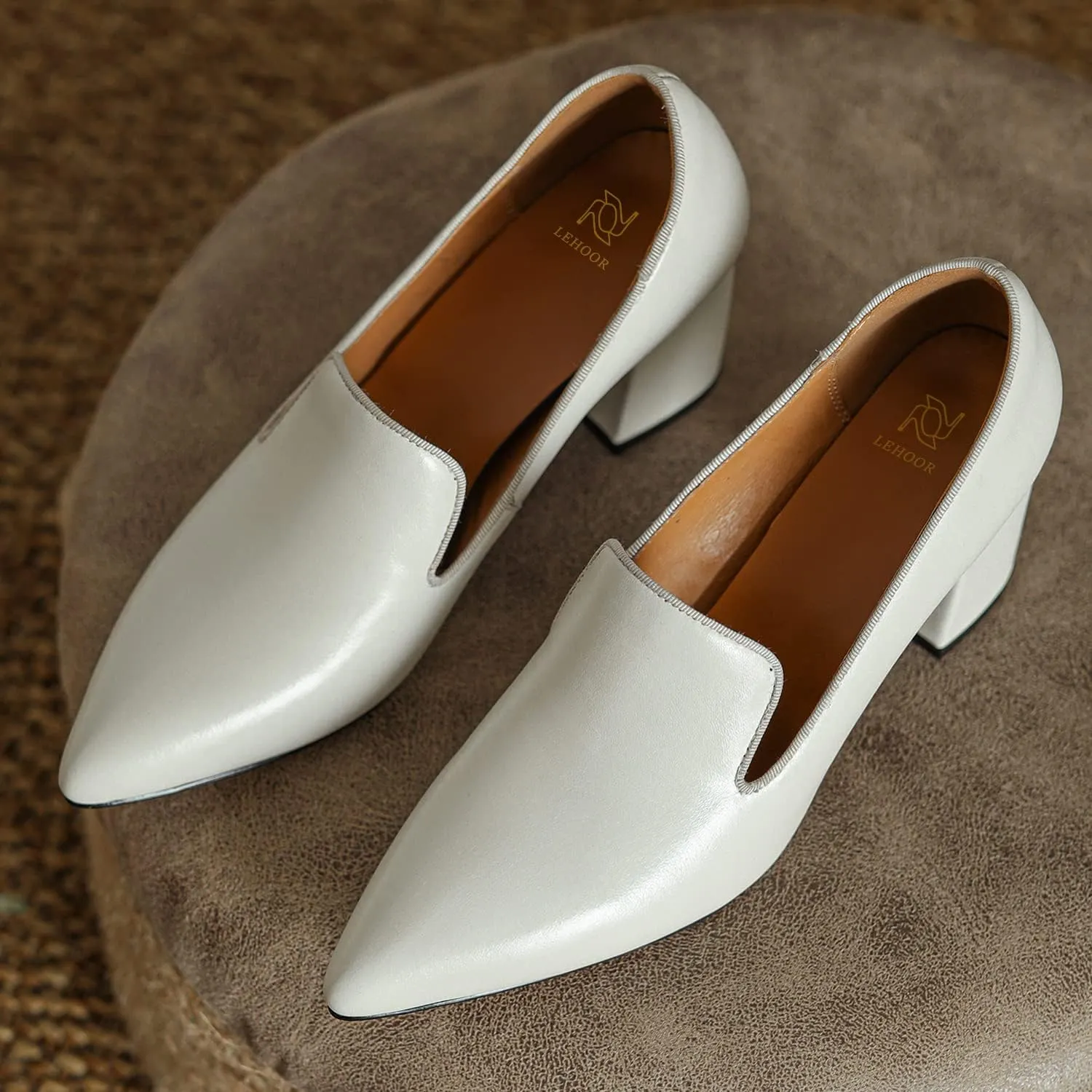 LEHOOR Women Chunky Block High Heel Loafers Pointed Closed Toe Slip On Loafer Pumps 3 Inch Thick Mid Heels Oxford Dress Shoes Matte Leather Office Ladies Wedding Work Basic Shoes Comfy 4-11 M US