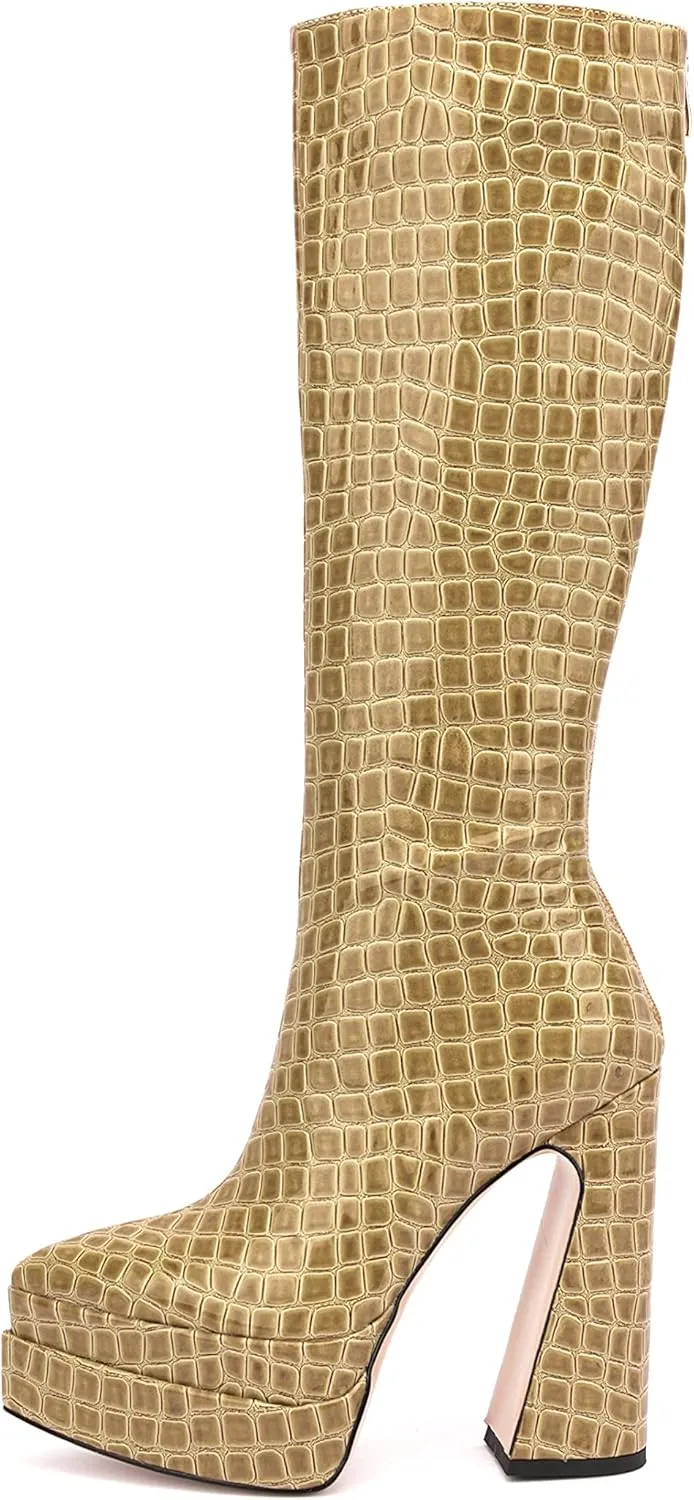 LEMUTISME Women's Trendy Pointed Toe Double Platform Crocodile Print Back Zip Chunky High Block Heel Knee High Boots For Party Evening