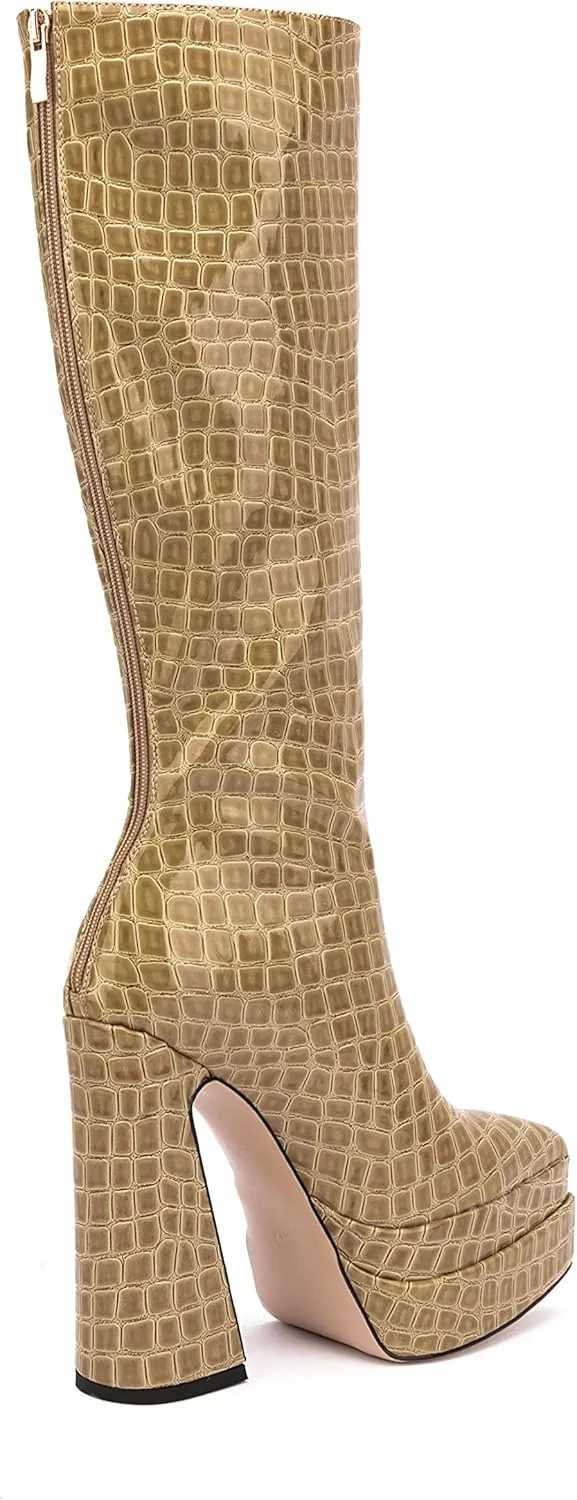 LEMUTISME Women's Trendy Pointed Toe Double Platform Crocodile Print Back Zip Chunky High Block Heel Knee High Boots For Party Evening