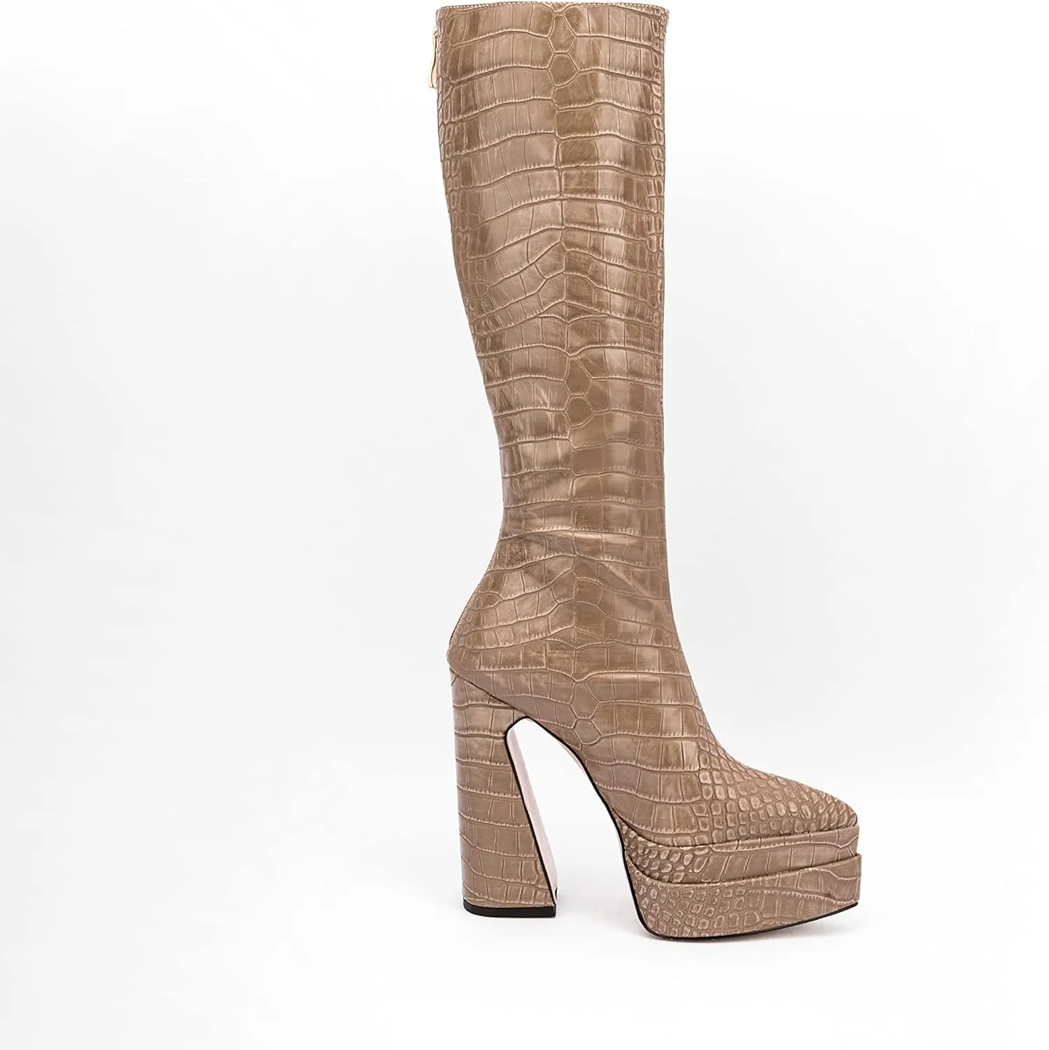 LEMUTISME Women's Trendy Pointed Toe Double Platform Crocodile Print Back Zip Chunky High Block Heel Knee High Boots For Party Evening