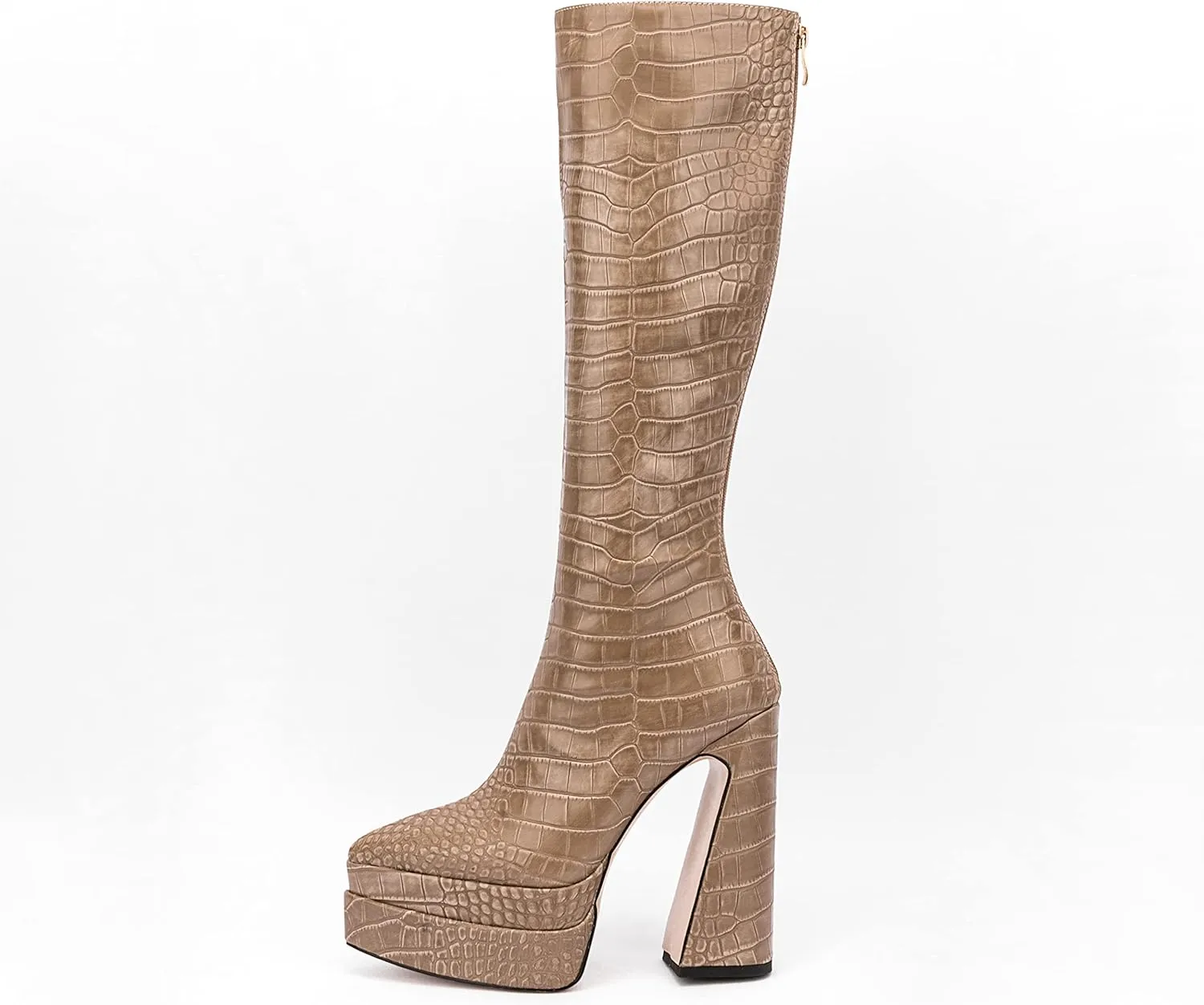 LEMUTISME Women's Trendy Pointed Toe Double Platform Crocodile Print Back Zip Chunky High Block Heel Knee High Boots For Party Evening