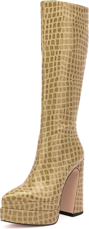LEMUTISME Women's Trendy Pointed Toe Double Platform Crocodile Print Back Zip Chunky High Block Heel Knee High Boots For Party Evening