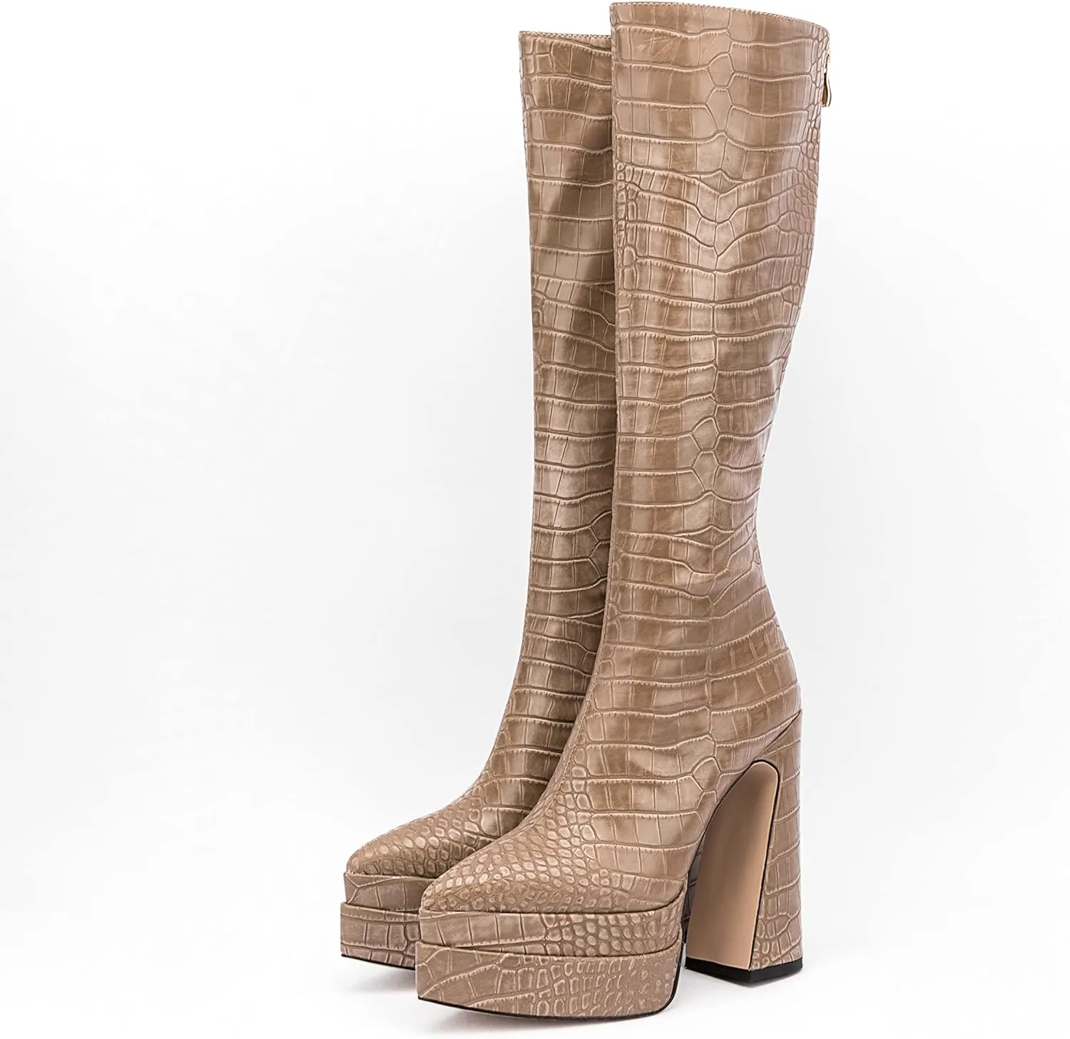 LEMUTISME Women's Trendy Pointed Toe Double Platform Crocodile Print Back Zip Chunky High Block Heel Knee High Boots For Party Evening