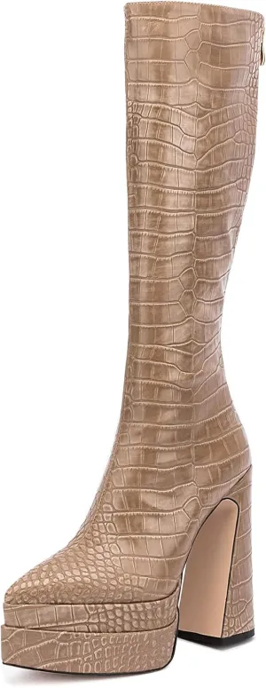 LEMUTISME Women's Trendy Pointed Toe Double Platform Crocodile Print Back Zip Chunky High Block Heel Knee High Boots For Party Evening
