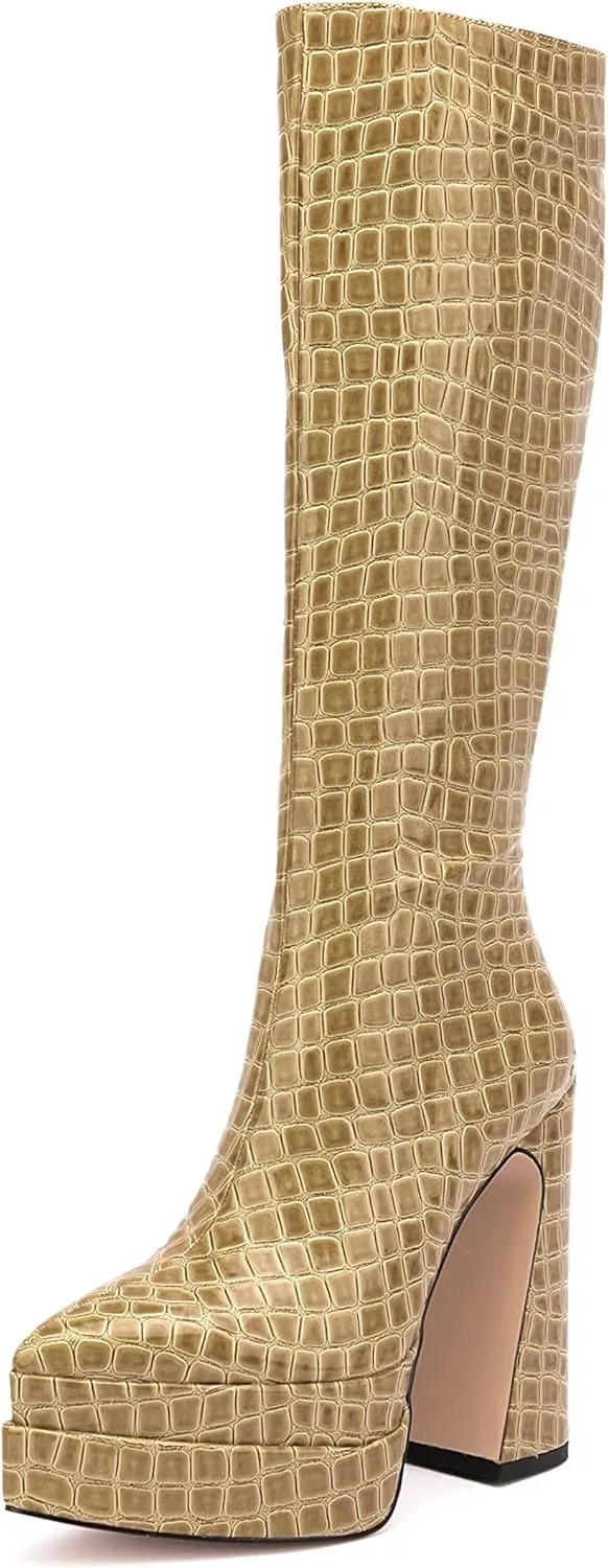 LEMUTISME Women's Trendy Pointed Toe Double Platform Crocodile Print Back Zip Chunky High Block Heel Knee High Boots For Party Evening