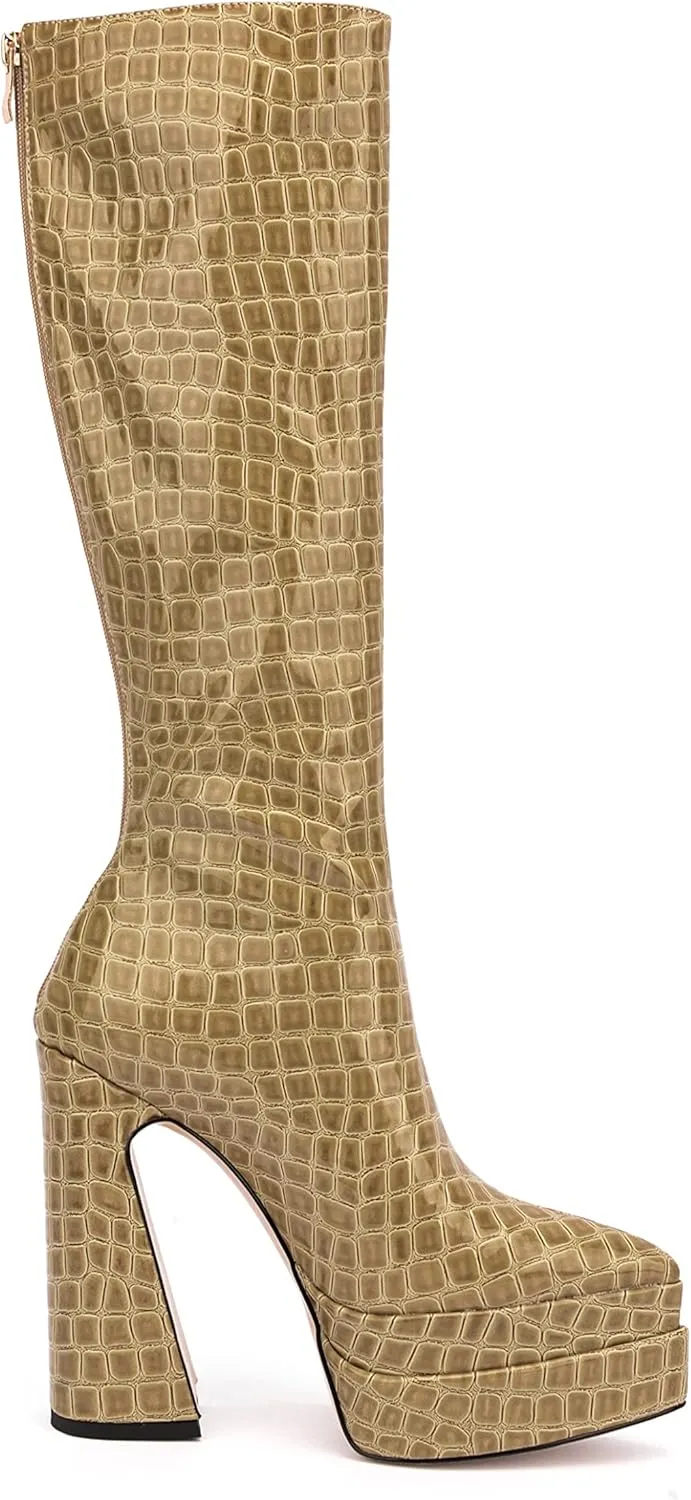 LEMUTISME Women's Trendy Pointed Toe Double Platform Crocodile Print Back Zip Chunky High Block Heel Knee High Boots For Party Evening