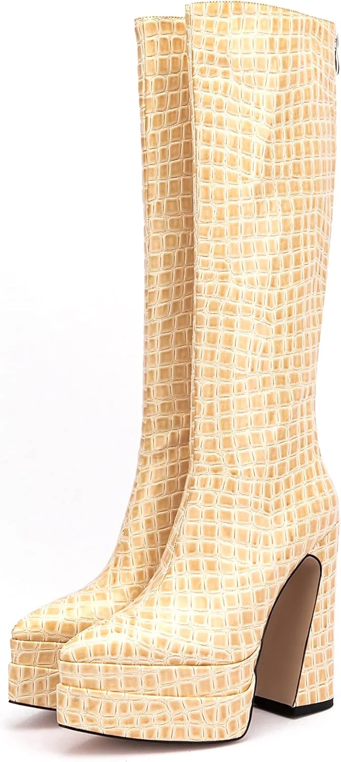 LEMUTISME Women's Trendy Pointed Toe Double Platform Crocodile Print Back Zip Chunky High Block Heel Knee High Boots For Party Evening