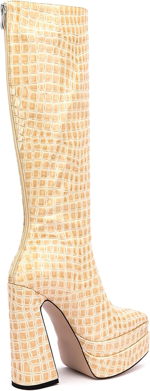 LEMUTISME Women's Trendy Pointed Toe Double Platform Crocodile Print Back Zip Chunky High Block Heel Knee High Boots For Party Evening